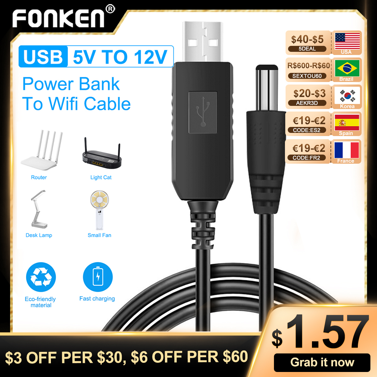 Cable Boost Converter Step-up Cord for Wifi Router Modem Fan Speaker